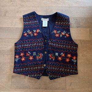 Westport Vintage Navy Knit Wool Vest with Floral Embroidery